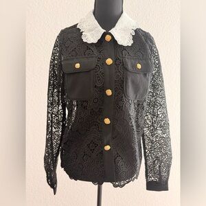 Self-Portrait Black Floral Guipure Lace Blouse | White Collar Gold Button Blouse